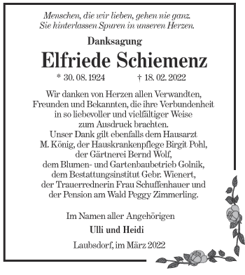 Traueranzeige von Elfriede Schiemenz von lausitzer_rundschau