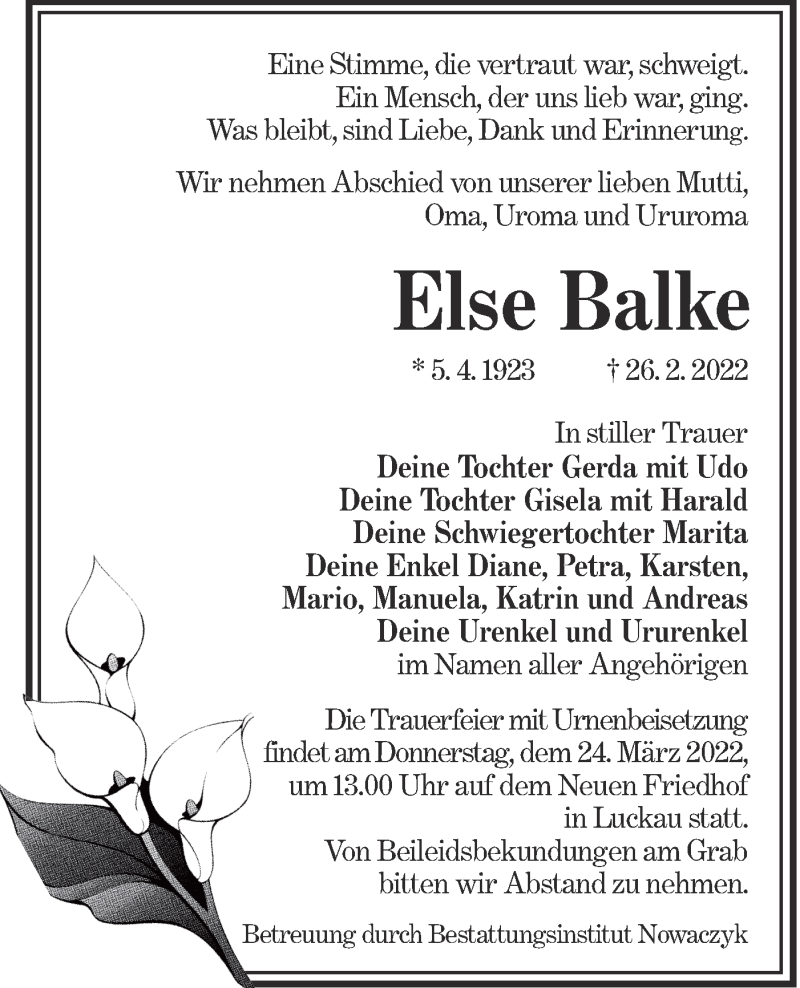  Traueranzeige für Else Balke vom 05.03.2022 aus lausitzer_rundschau