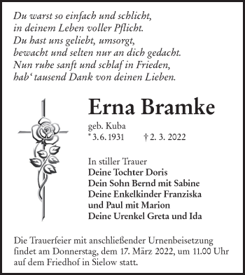 Traueranzeige von Erna Bramke von lausitzer_rundschau