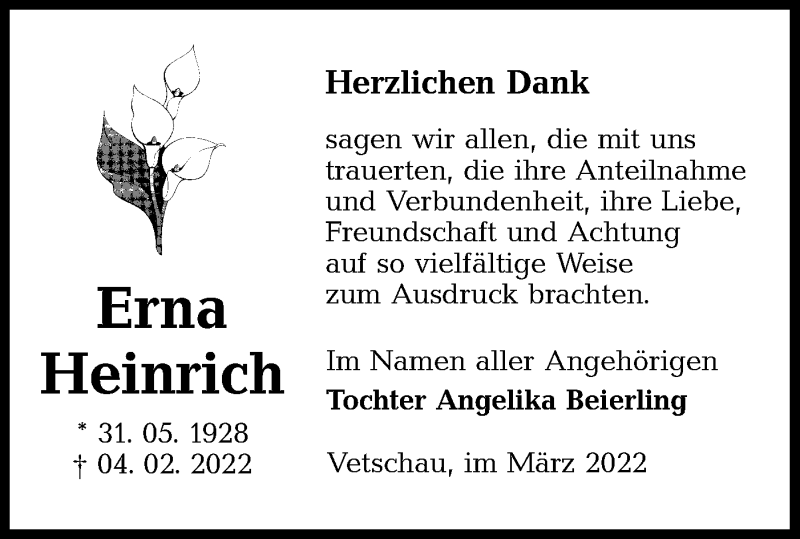  Traueranzeige für Erna Heinrich vom 17.03.2022 aus lausitzer_rundschau