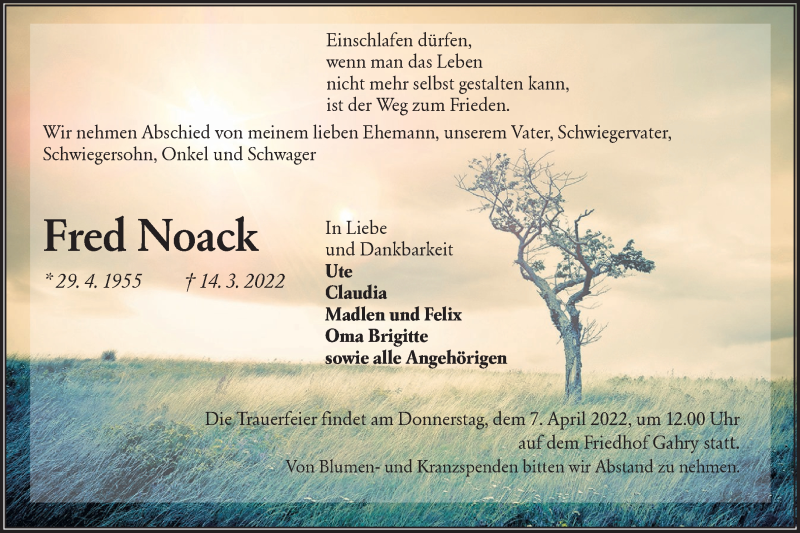  Traueranzeige für Fred Noack vom 26.03.2022 aus lausitzer_rundschau
