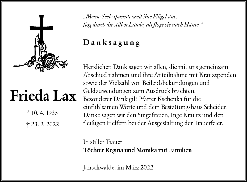  Traueranzeige für Frieda Lax vom 12.03.2022 aus lausitzer_rundschau