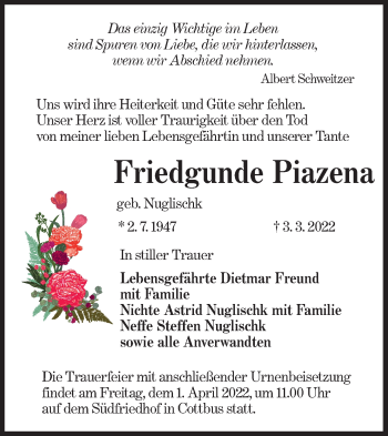 Traueranzeige von Friedgunde Piazena von lausitzer_rundschau