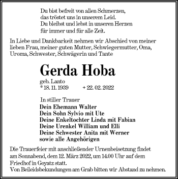 Traueranzeige von Gerda Hoba von lausitzer_rundschau