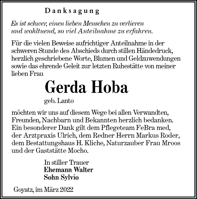  Traueranzeige für Gerda Hoba vom 26.03.2022 aus lausitzer_rundschau