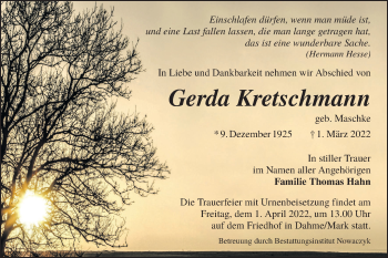Traueranzeige von Gerda Kretschmann von lausitzer_rundschau