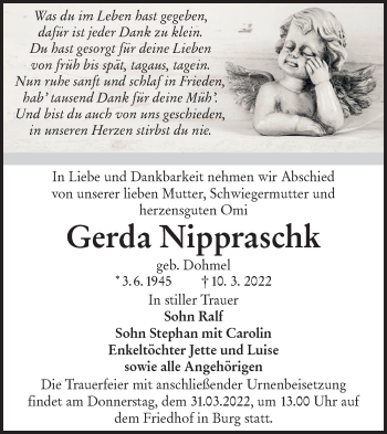 Traueranzeige von Gerda Nippraschk von lausitzer_rundschau