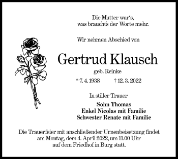 Traueranzeige von Gertrud Klausch von lausitzer_rundschau