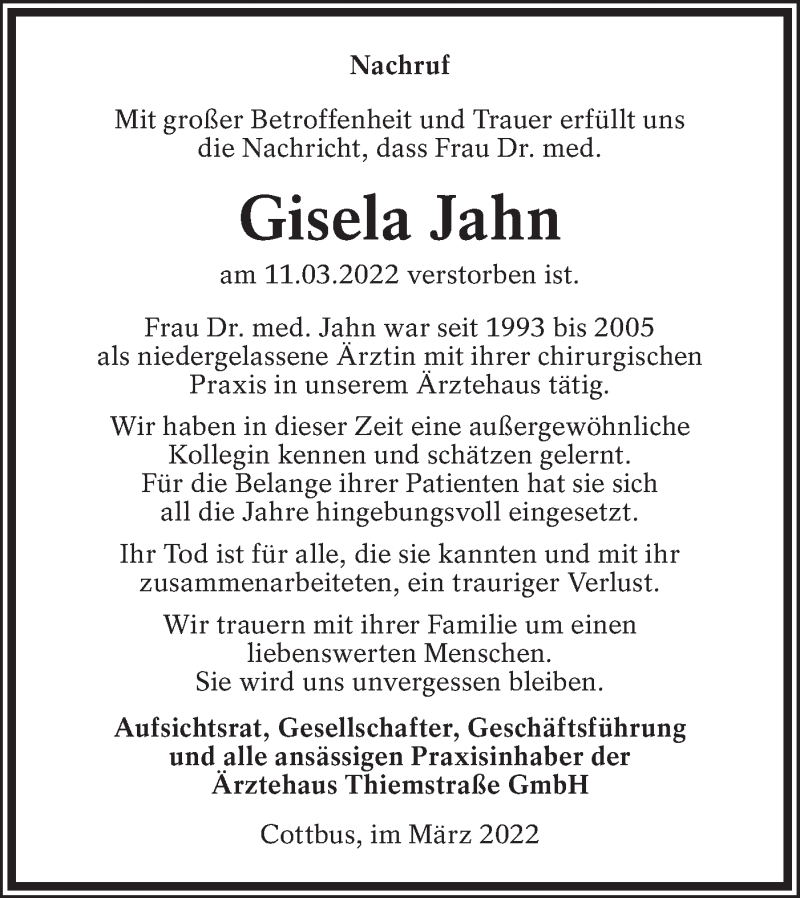  Traueranzeige für Gisela Jahn vom 26.03.2022 aus lausitzer_rundschau