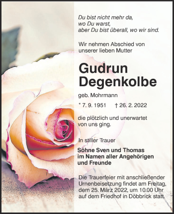 Traueranzeige von Gudrun Degenkolbe von lausitzer_rundschau