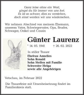 Traueranzeige von Günter Laurenz von lausitzer_rundschau