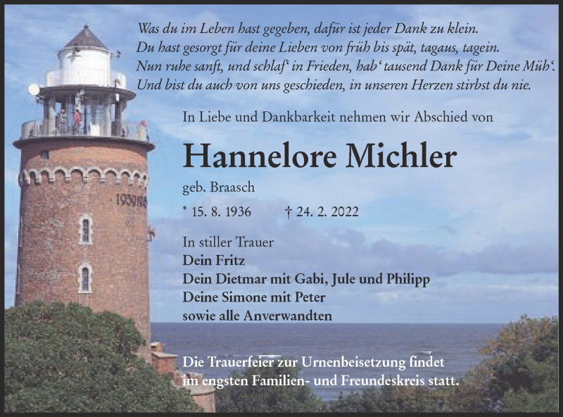  Traueranzeige für Hannelore Michler vom 05.03.2022 aus lausitzer_rundschau