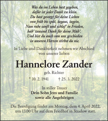 Traueranzeige von Hannelore Zander von lausitzer_rundschau