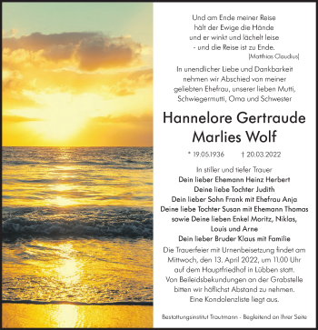 Traueranzeige von Hannelore Gertraude Marlies Wolf von lausitzer_rundschau