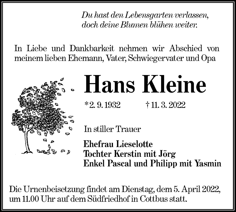  Traueranzeige für Hans Kleine vom 19.03.2022 aus lausitzer_rundschau