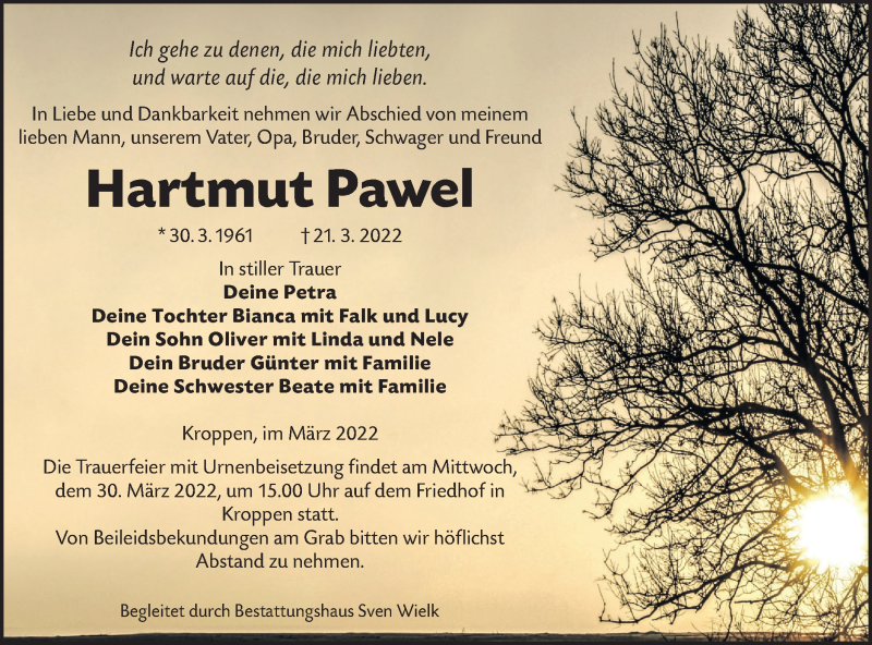  Traueranzeige für Hartmut Pawel vom 26.03.2022 aus lausitzer_rundschau