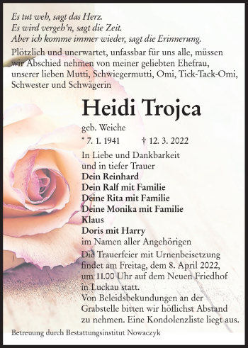 Traueranzeige von Heidi Trojca von lausitzer_rundschau