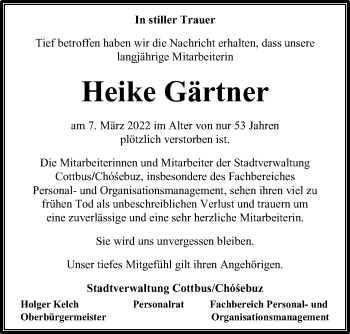 Traueranzeige von Heike Gärtner von lausitzer_rundschau