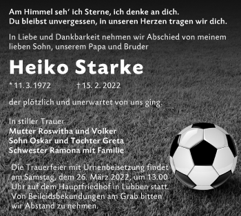 Traueranzeige von Heiko Starke von lausitzer_rundschau