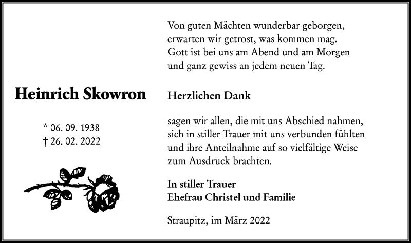  Traueranzeige für Heinrich Skowron vom 19.03.2022 aus lausitzer_rundschau