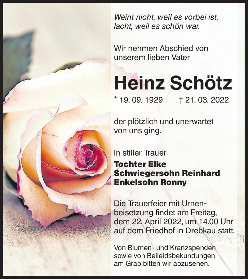  Traueranzeige für Heinz Schötz vom 26.03.2022 aus lausitzer_rundschau
