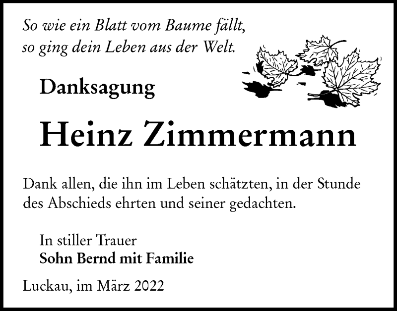  Traueranzeige für Heinz Zimmermann vom 26.03.2022 aus lausitzer_rundschau