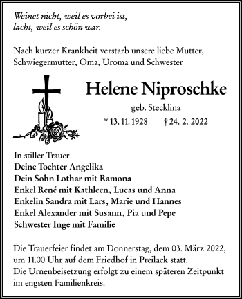 Traueranzeige von Helene Niproschke von lausitzer_rundschau