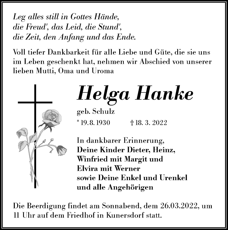  Traueranzeige für Helga Hanke vom 23.03.2022 aus lausitzer_rundschau