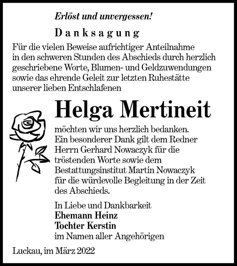  Traueranzeige für Helga Mertineit vom 19.03.2022 aus lausitzer_rundschau
