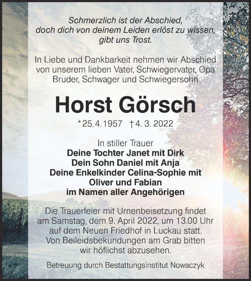  Traueranzeige für Horst Görsch vom 12.03.2022 aus lausitzer_rundschau