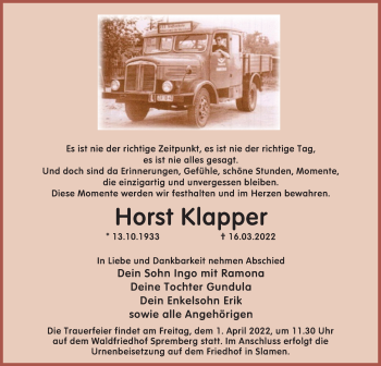Traueranzeige von Horst Klapper von lausitzer_rundschau