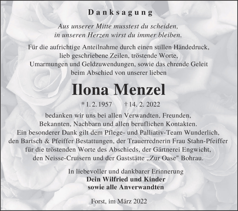  Traueranzeige für Ilona Menzel vom 19.03.2022 aus lausitzer_rundschau