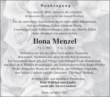 Traueranzeige von Ilona Menzel von lausitzer_rundschau