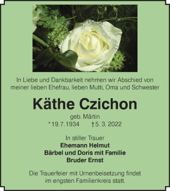 Traueranzeige von Käthe Czichon von lausitzer_rundschau