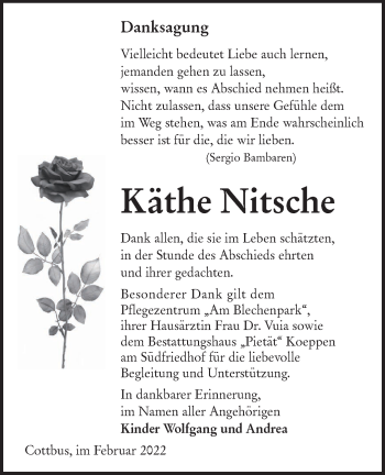 Traueranzeige von Käthe Nitsche von lausitzer_rundschau
