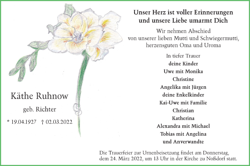  Traueranzeige für Käthe Ruhnow vom 19.03.2022 aus lausitzer_rundschau
