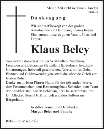 Traueranzeige von Klaus Beley von lausitzer_rundschau