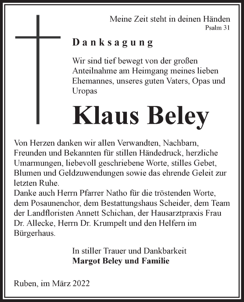  Traueranzeige für Klaus Beley vom 26.03.2022 aus lausitzer_rundschau