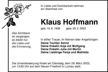 Traueranzeige von Klaus Hoffmann von lausitzer_rundschau