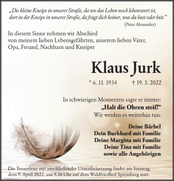 Traueranzeige von Klaus Jurk von lausitzer_rundschau