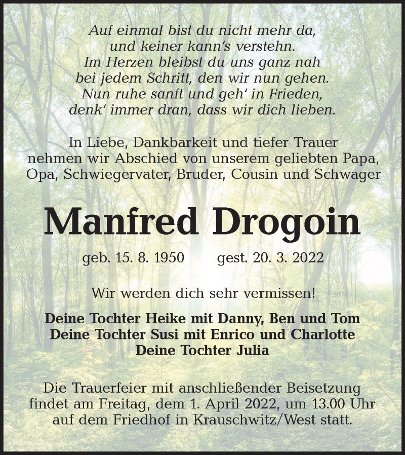  Traueranzeige für Manfred Drogoin vom 29.03.2022 aus lausitzer_rundschau