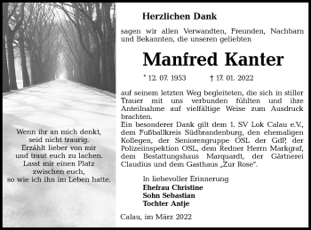 Traueranzeige von Manfred Kanter von lausitzer_rundschau