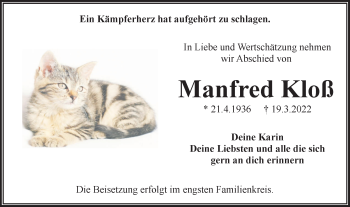Traueranzeige von Manfred Kloß von lausitzer_rundschau