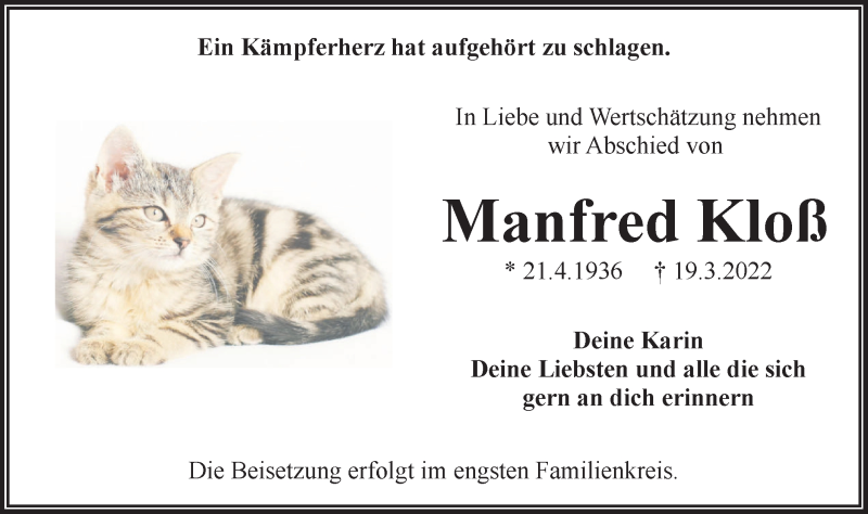  Traueranzeige für Manfred Kloß vom 26.03.2022 aus lausitzer_rundschau