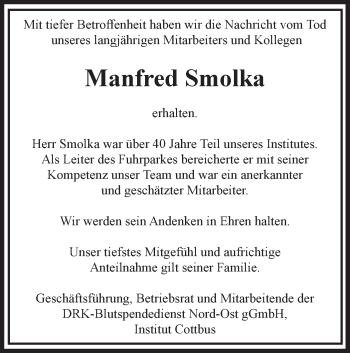 Traueranzeige von Manfred Smolka von lausitzer_rundschau