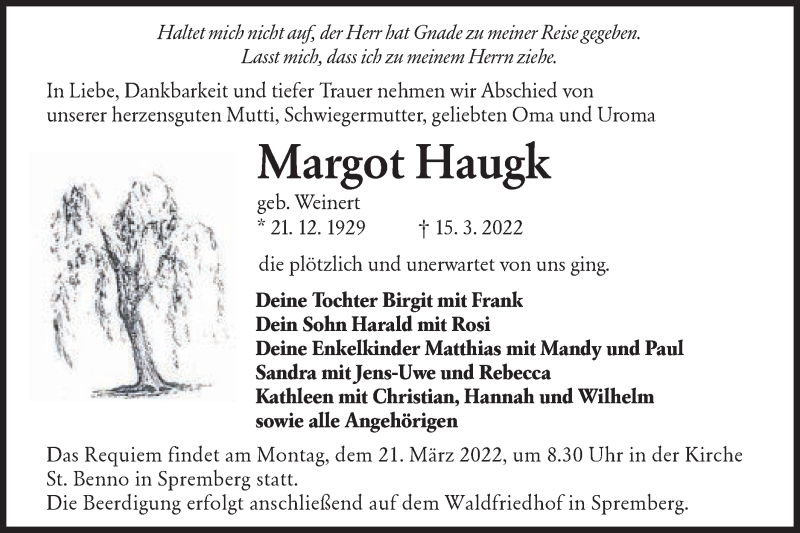  Traueranzeige für Margot Haugk vom 19.03.2022 aus lausitzer_rundschau