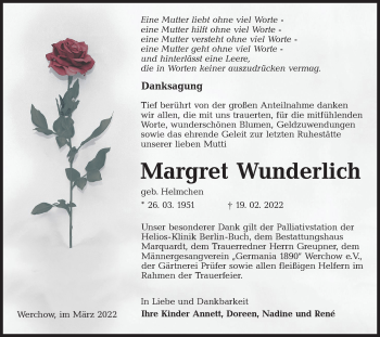 Traueranzeige von Margret Wunderlich von lausitzer_rundschau
