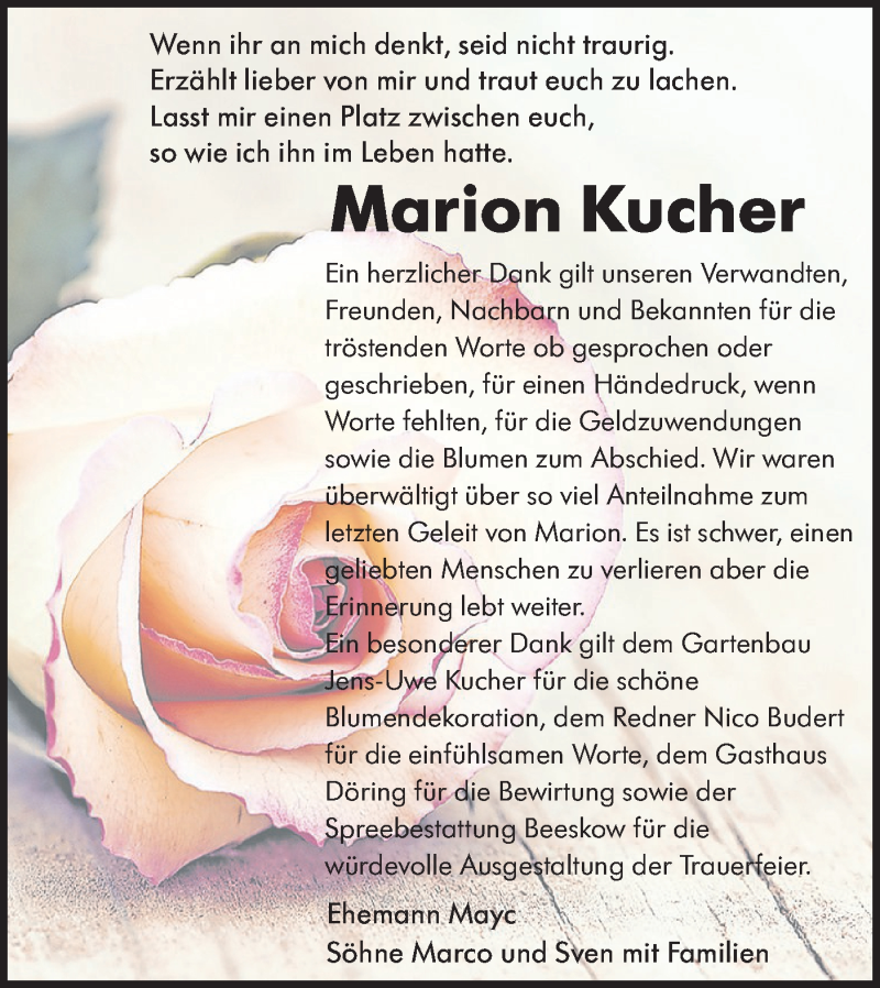  Traueranzeige für Marion Kucher vom 26.03.2022 aus lausitzer_rundschau