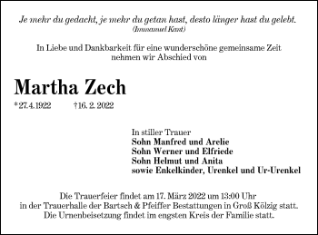 Traueranzeige von Martha Zech von lausitzer_rundschau