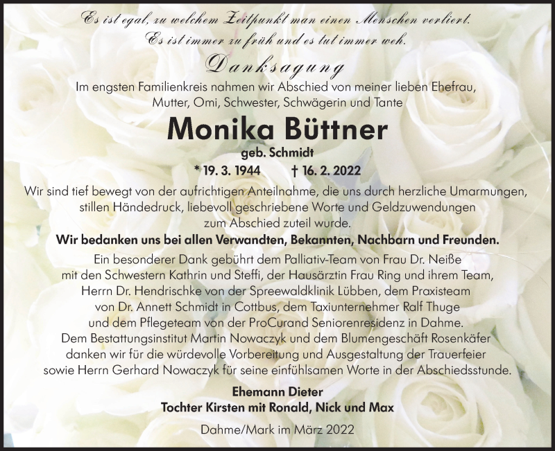  Traueranzeige für Monika Büttner vom 26.03.2022 aus lausitzer_rundschau